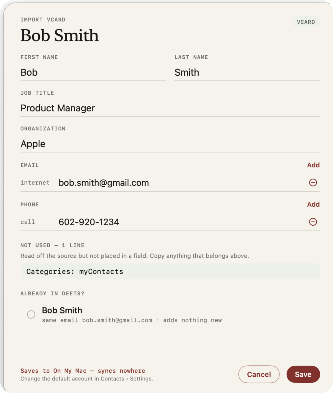 Smart vCard Import in Deets
